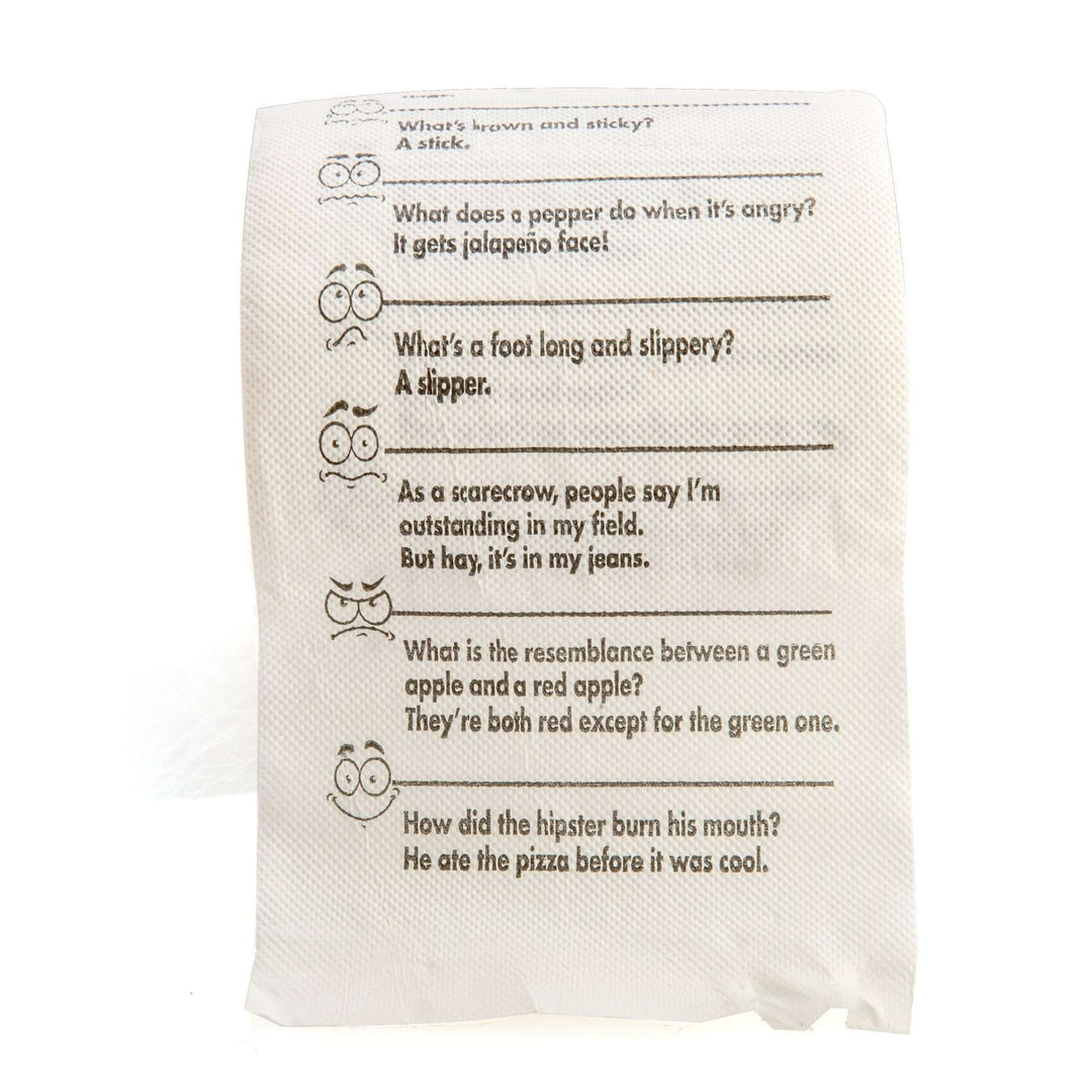 Crap Jokes Toilet Paper, close-up of printed jokes - RAPT ONLINE