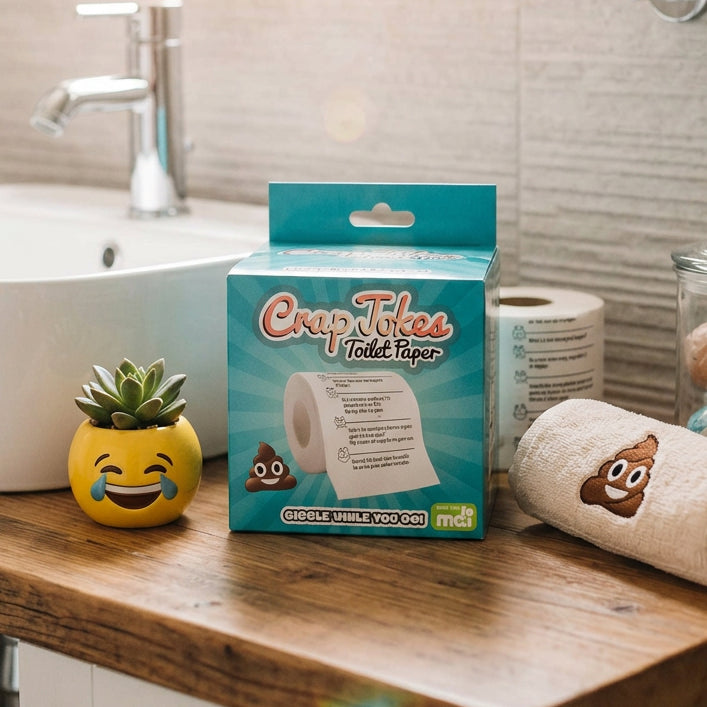 Crap Jokes Funny Toilet Paper boxed on a bathroom vanity - RAPT ONLINE