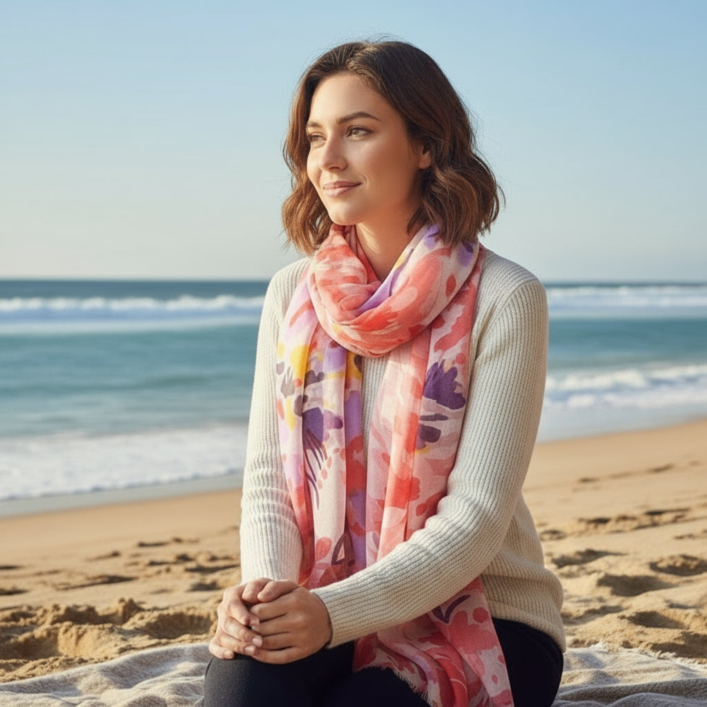 Colorful floral-patterned scarf on a white background