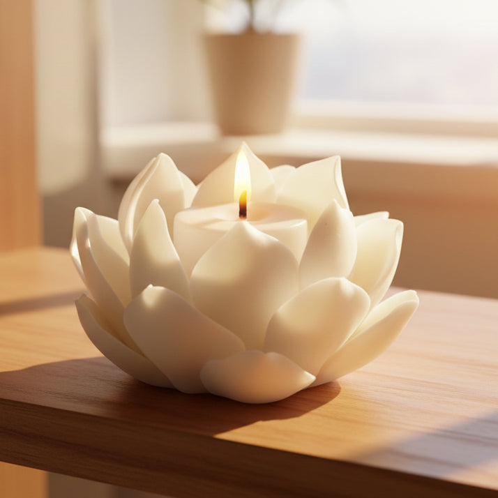 White lotus-shaped candle on a light gray background