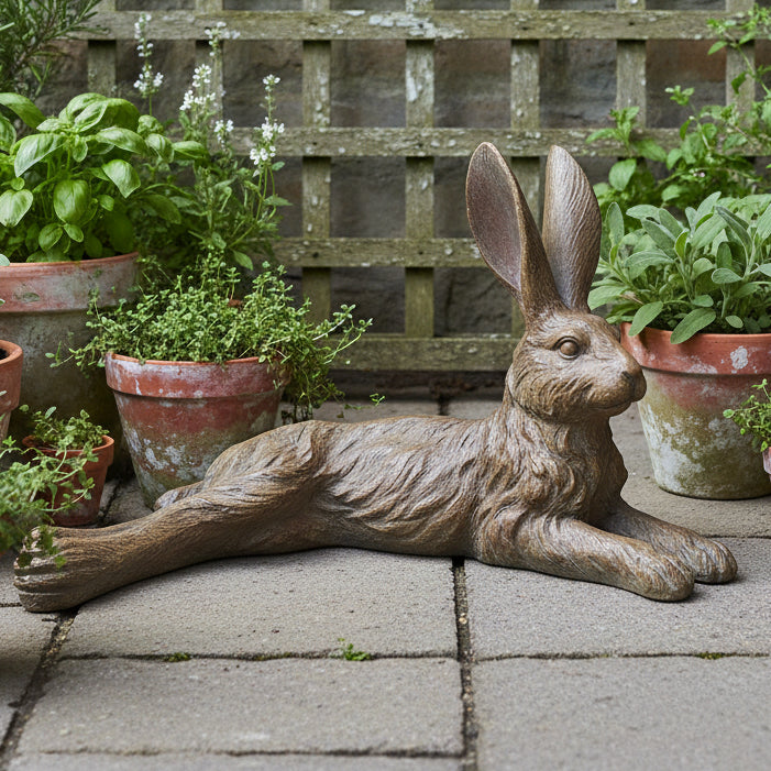 Brown sculpture of a hare on a white background