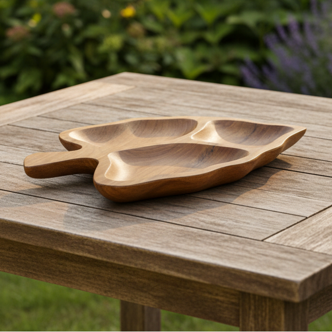 A leaf-shaped wooden serving tray with three compartments and a handle, shown on a clean white background.