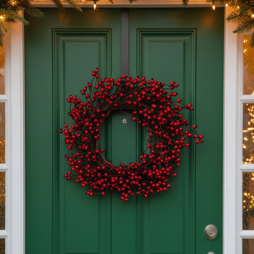 Decorative wreath with red berries on a white background