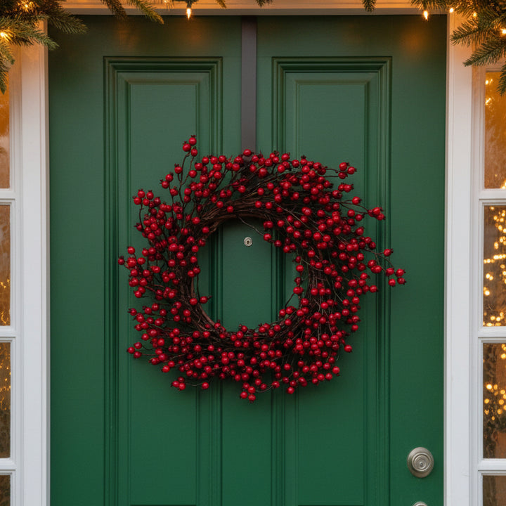 Decorative wreath with red berries on a white background
