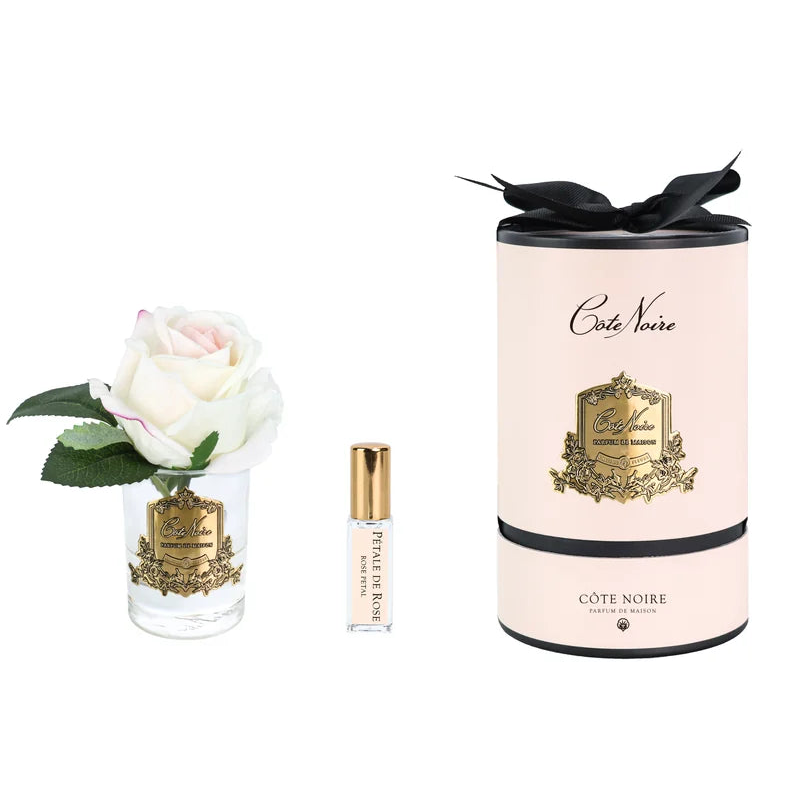 Cote Vierge fragrance set featuring a clear glass diffuser vase with a white rose, a small clear spray bottle with a gold cap, and a tall pale pink cylindrical box with black ribbon and gold crest detailing.