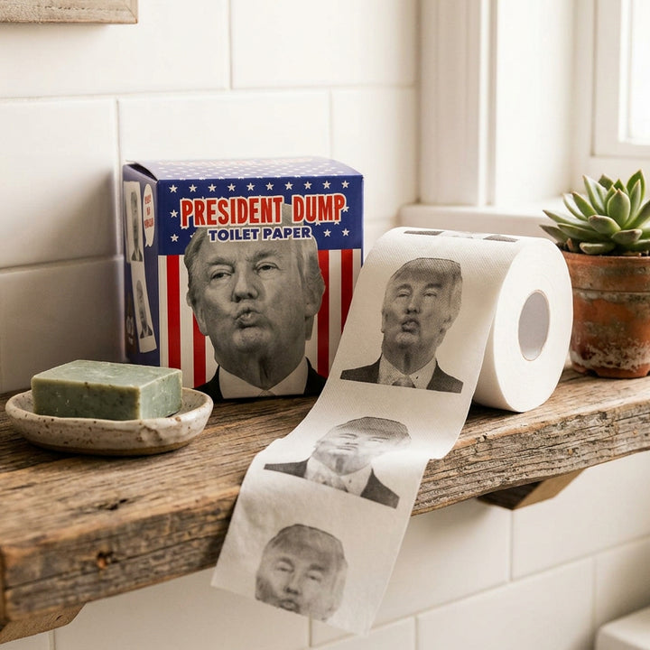 President Dump Novelty Toilet Paper with box on a bathroom shelf - RAPT ONLINE