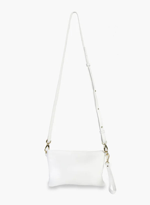 White crossbody bag with a strap on a white background