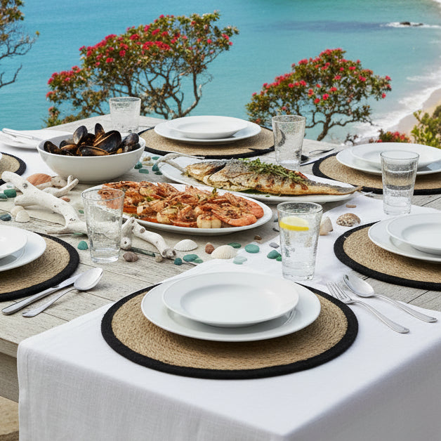 Six round woven placemats made of natural jute rope with black trim, arranged overlapping on a plain white background.