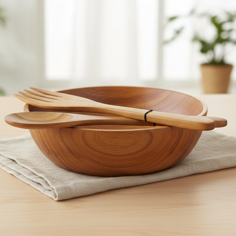 A wooden salad server set consisting of a spoon and a fork tied together with a thin black string, shown on a plain white background.