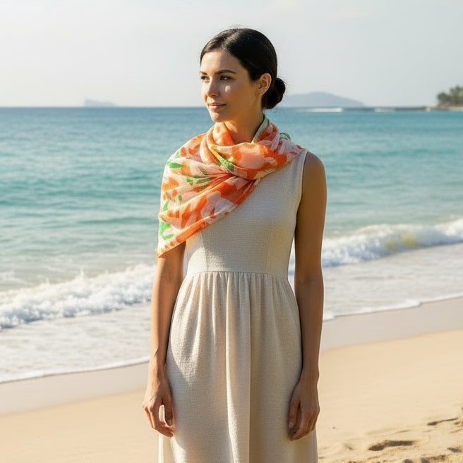 Colorful floral-patterned headscarf on a white background