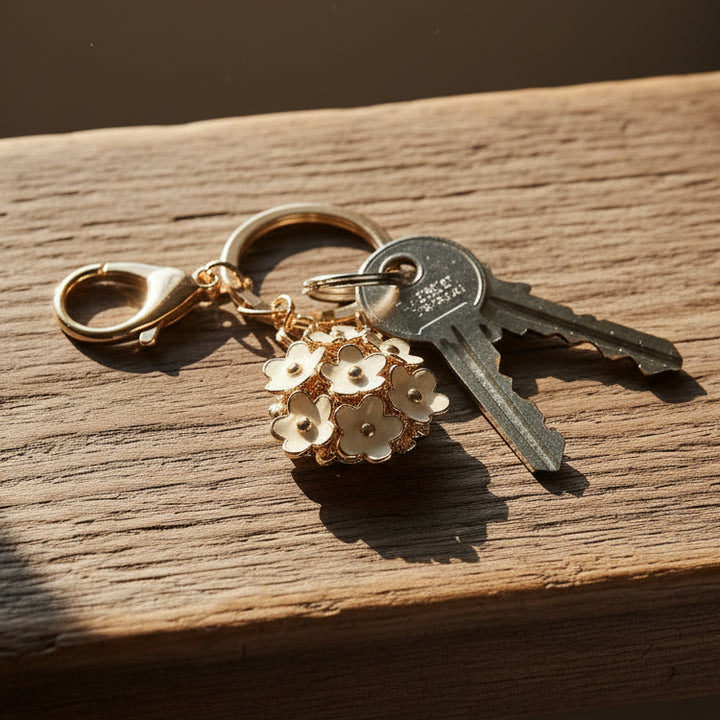 Gold keychain with floral design on a white background