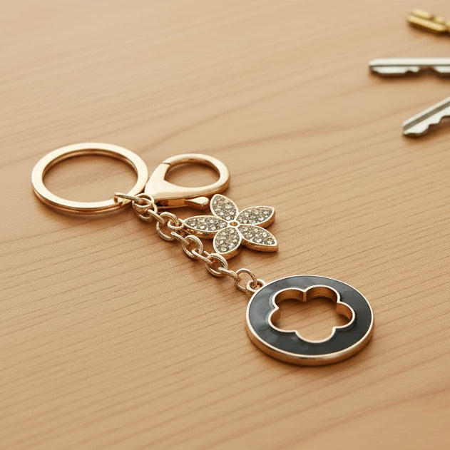 Gold keychain with black clover-shaped charm and butterfly pendant on a white background