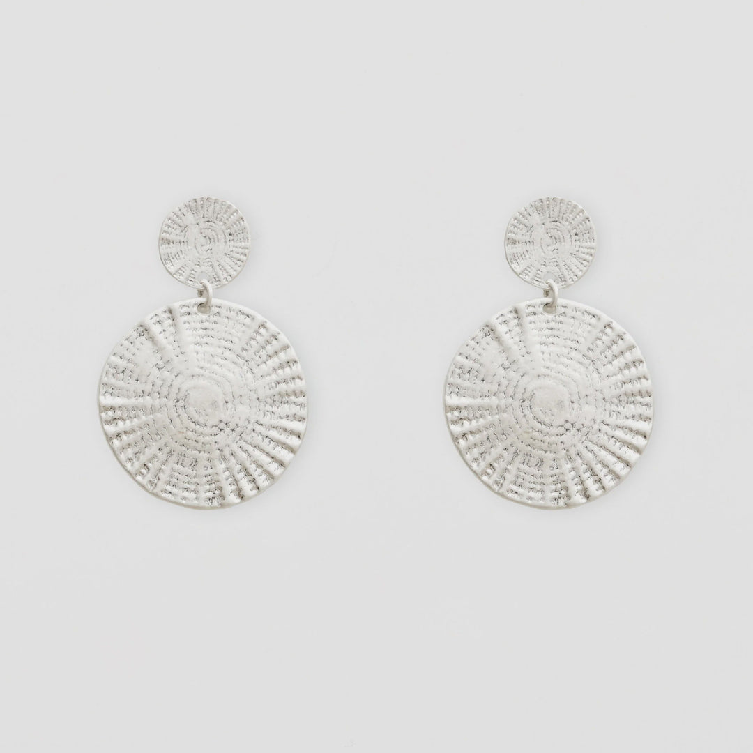 Pair of silver earrings on a light gray background