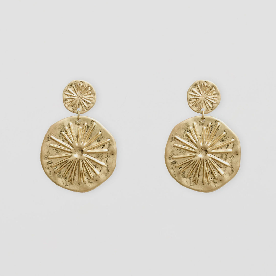 Pair of gold earrings on a light gray background