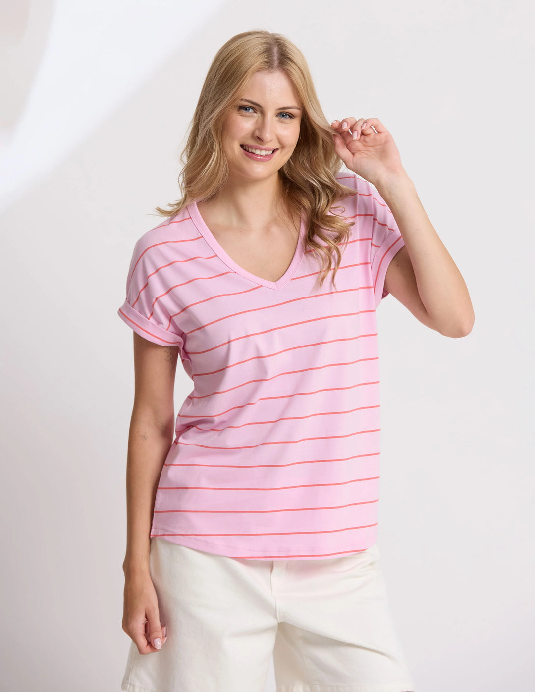 Stella + Gemma Candy Stripe Soho V Neck Cuff Tee