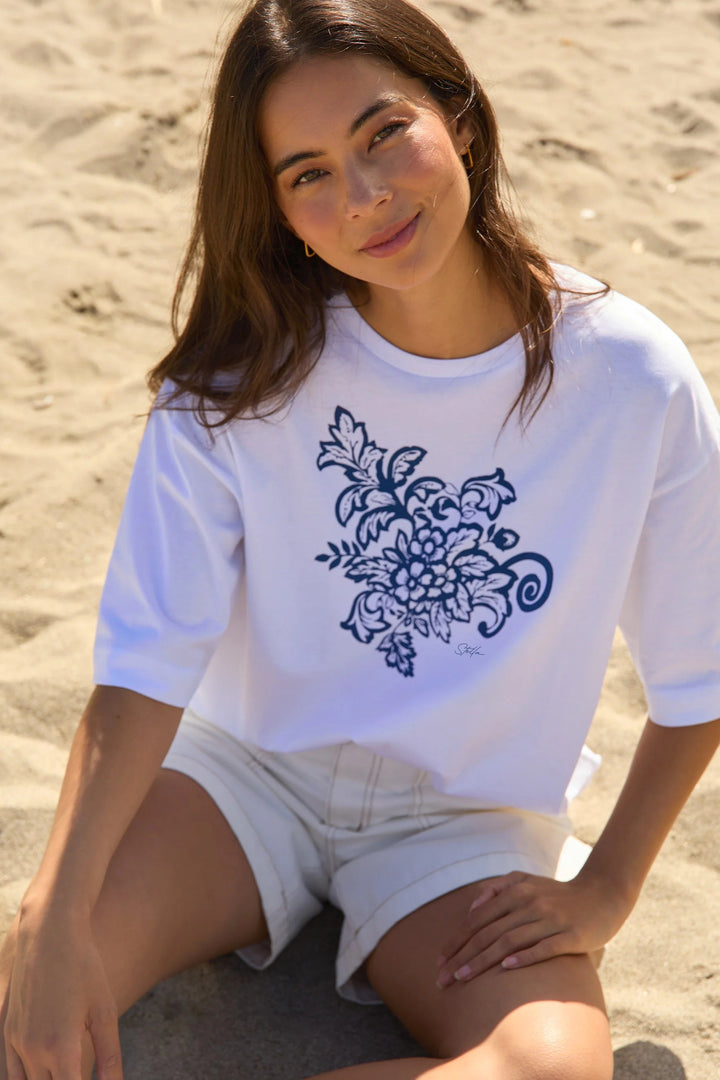 Stella + Gemma White Hibiscus Soho Cuff Tee