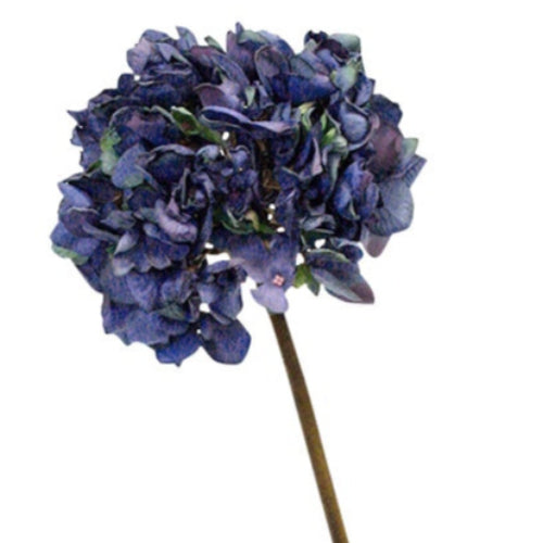 Artificial flower arrangement on a stick with blue flowers against a white background