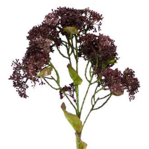 Artificial flower stem with purple flowers on a white background
