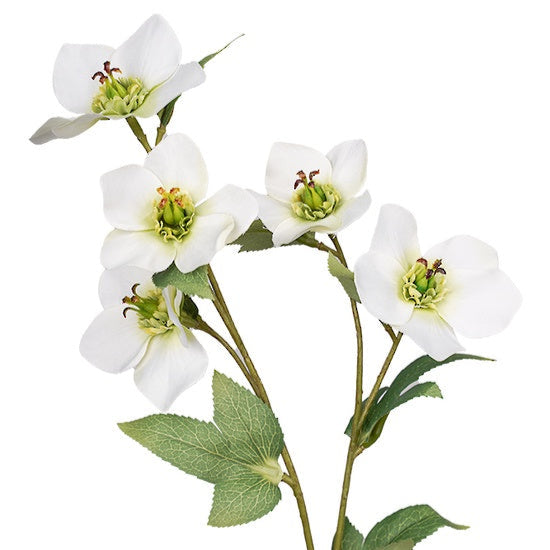 Artificial flower branch with white flowers and green leaves on a white background