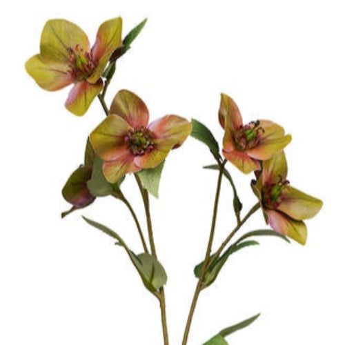 Artificial flower stem with pink and yellow flowers on a white background