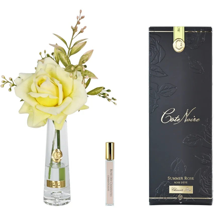 Set with a small vase of yellow flowers and a perfume bottle on a white background