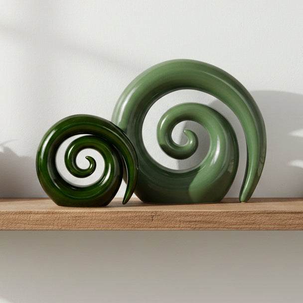 Two green spiral-shaped objects on a white background