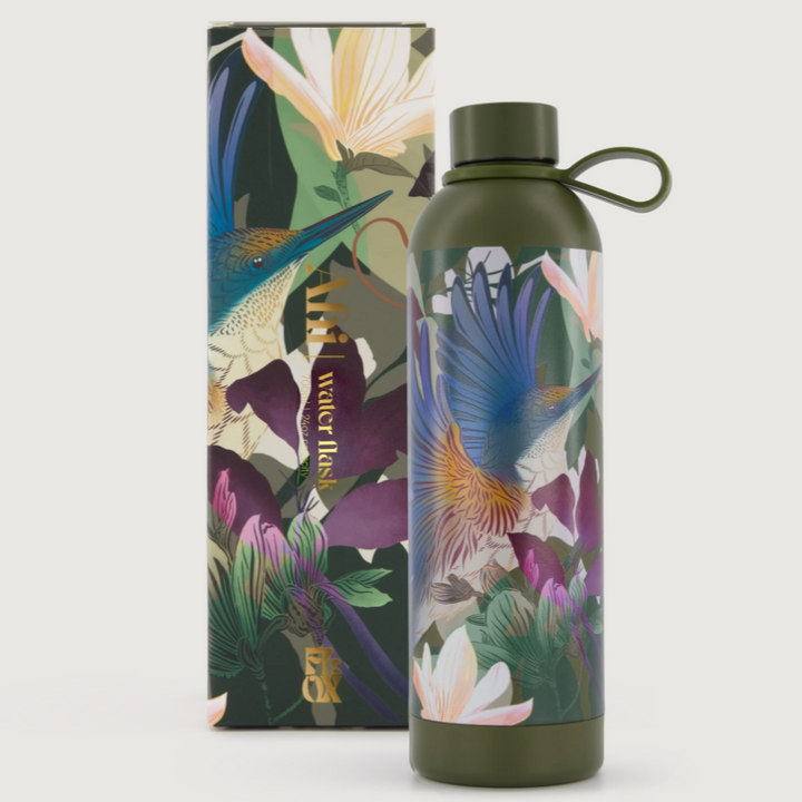 Water flox bottle with floral design and matching box on a white background