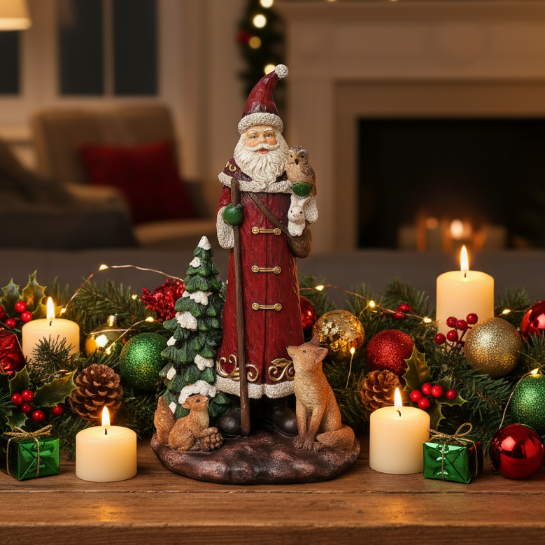 Decorative figure of Santa Claus with a tree and two dogs on a white background