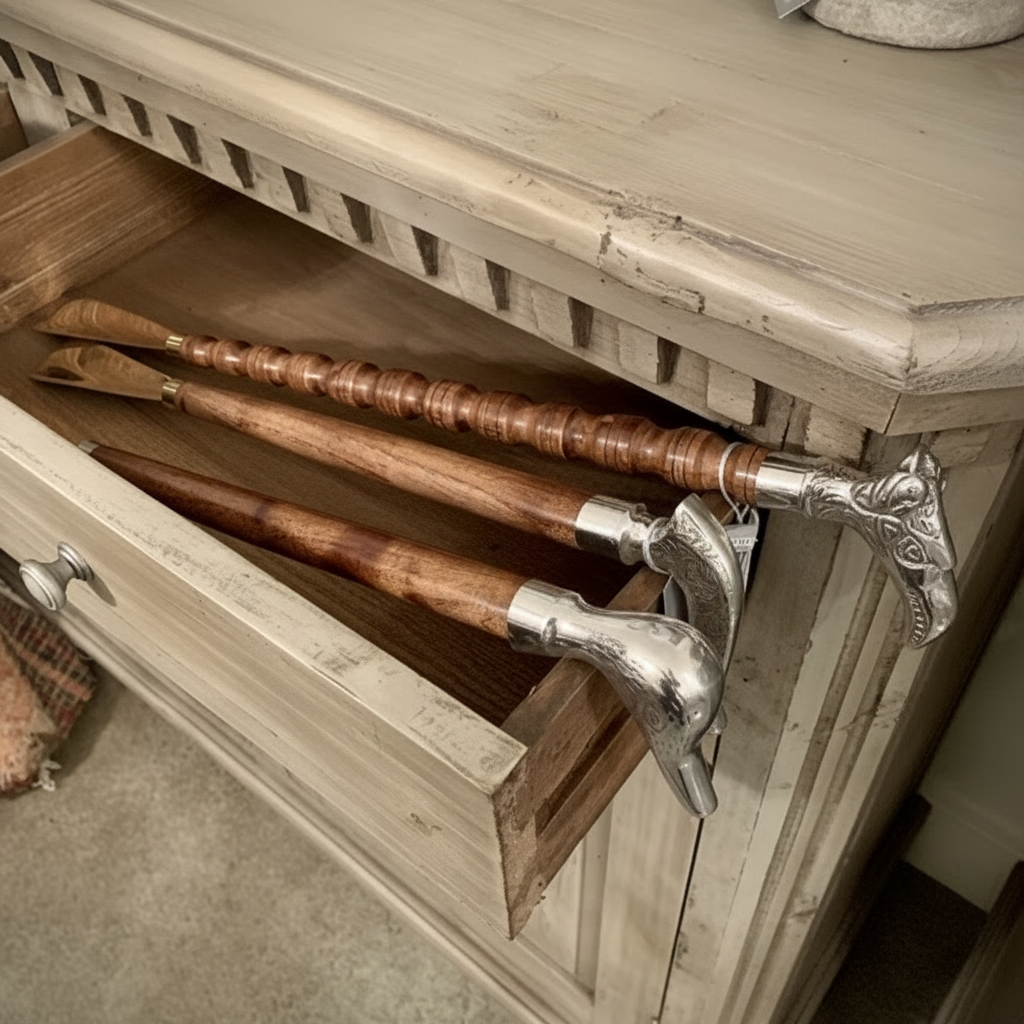 Decorative walking sticks with gold accents on a wooden surface