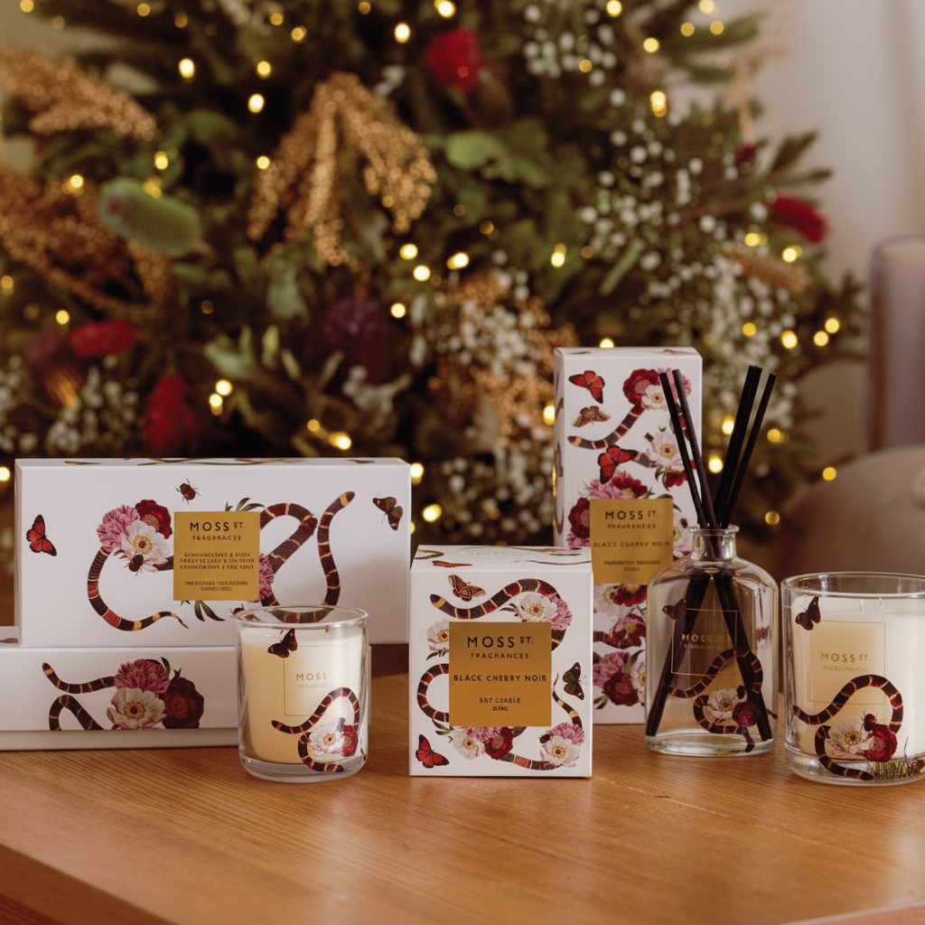 MOSS Home Fragrance collection in a warm, cozy setting. The products include a scented candle, a reed diffuser, and matching gift boxes, all decorated with a white background and a red and black snake pattern, with a warm golden label.
