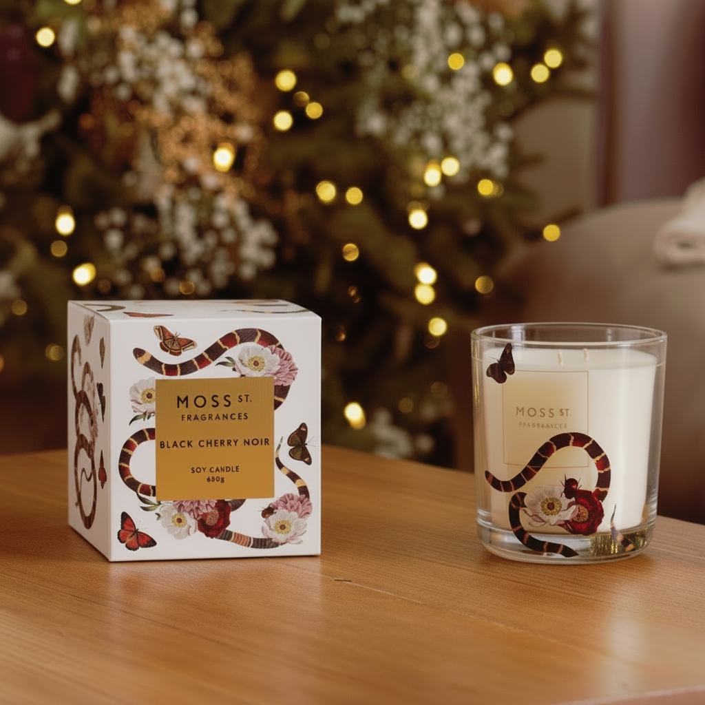 MOSS Home Fragrance collection in a warm, cozy setting. The products include a scented candle, a reed diffuser, and matching gift boxes, all decorated with a white background and a red and black snake pattern, with a warm golden label.