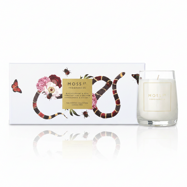 Moss St. Fragrances candle and its illustrated box.