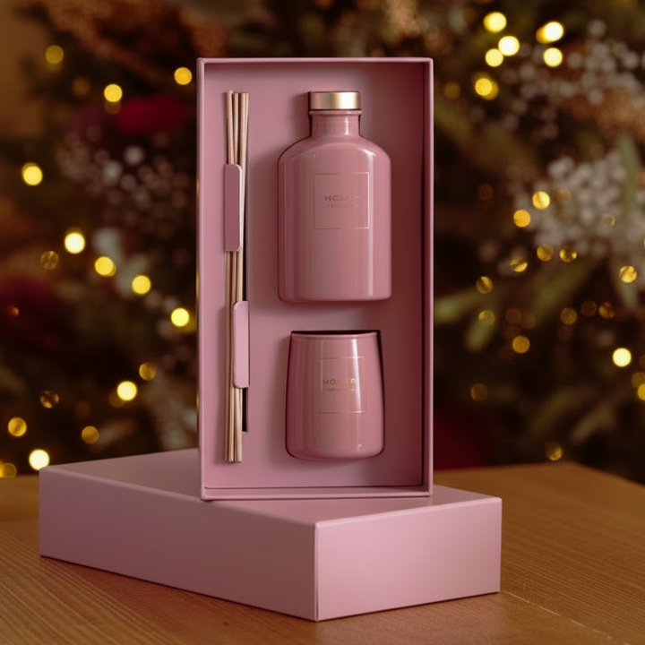 Three gift sets of home fragrance products in elegant boxes, arranged on a wooden surface with a blurred Christmas tree in the background. The sets include dark plum, dusty pink, and sage green bottles and candle jars with gold-toned accessories.