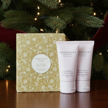Peppermint Grove Australia hand and body wash and hand and body cream set, featuring a gold patterned gift box and two pale lavender squeeze tubes on a white background.