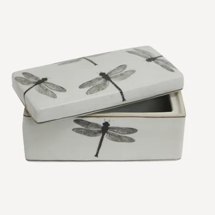 Rectangular ceramic box with dragonfly designs on a white background