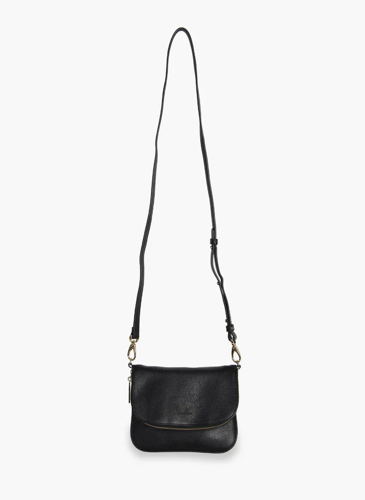 Black leather crossbody bag on a white background