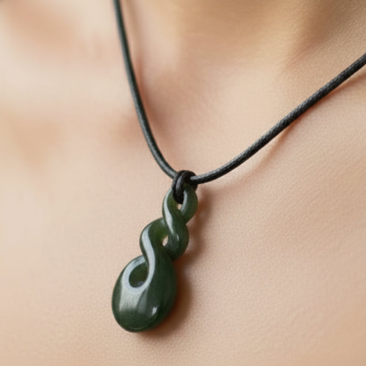 A greenstone pendant in the shape of a double twist design, carved from Pounamu stone and suspended by a cord.