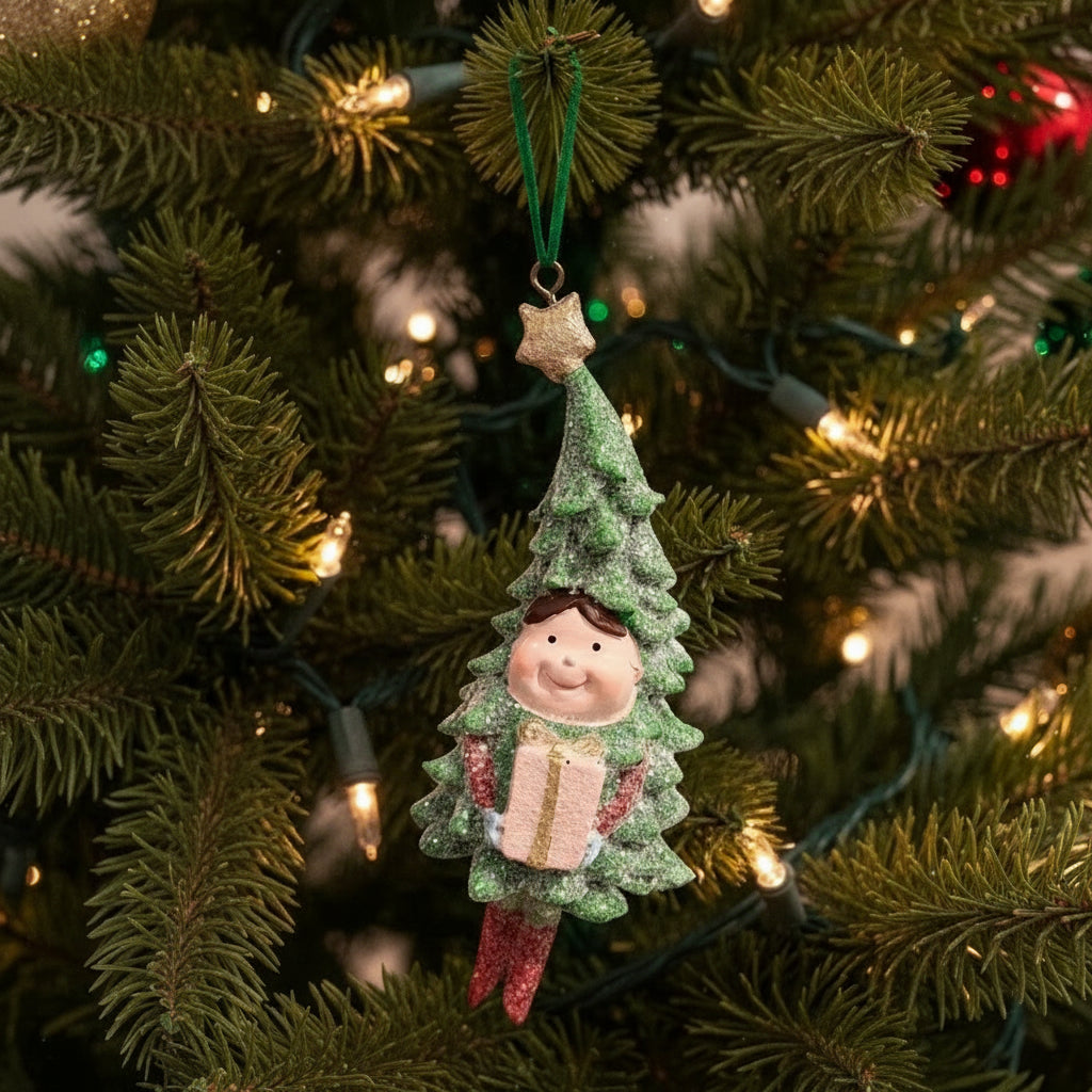 Christmas tree-shaped ornament with a smiling face and gift, hanging from a green ribbon.