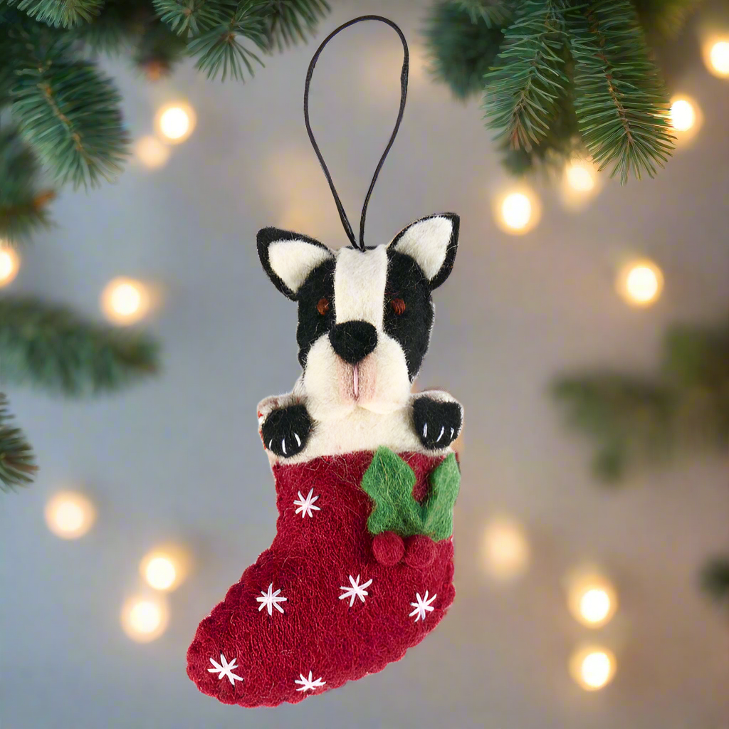 Dog in a red stocking ornament on a white background