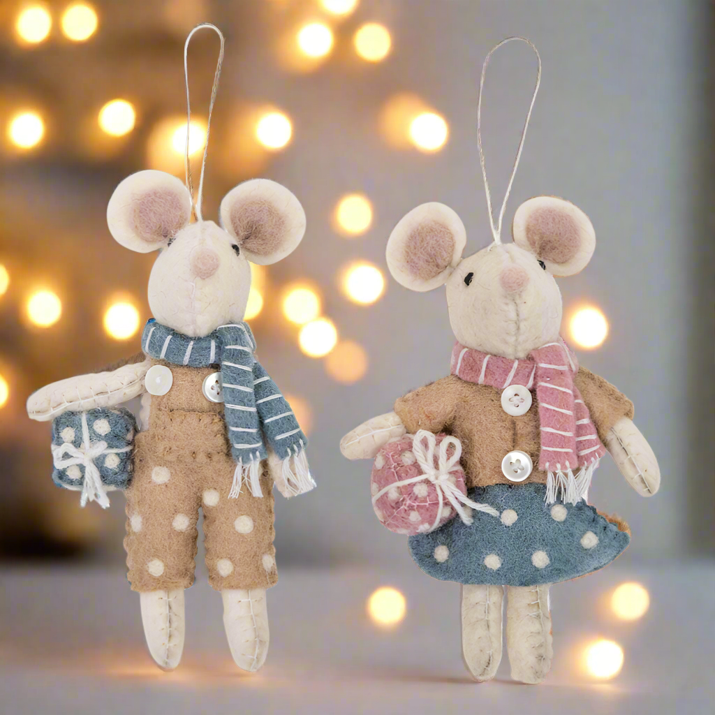Two plush mouse toys with scarves and outfits on a white background