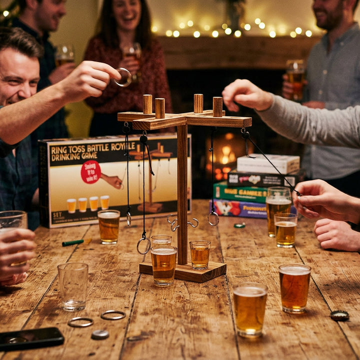 Ring Toss Battle Royale Drinking Game played by friends at a table - RAPT ONLINE