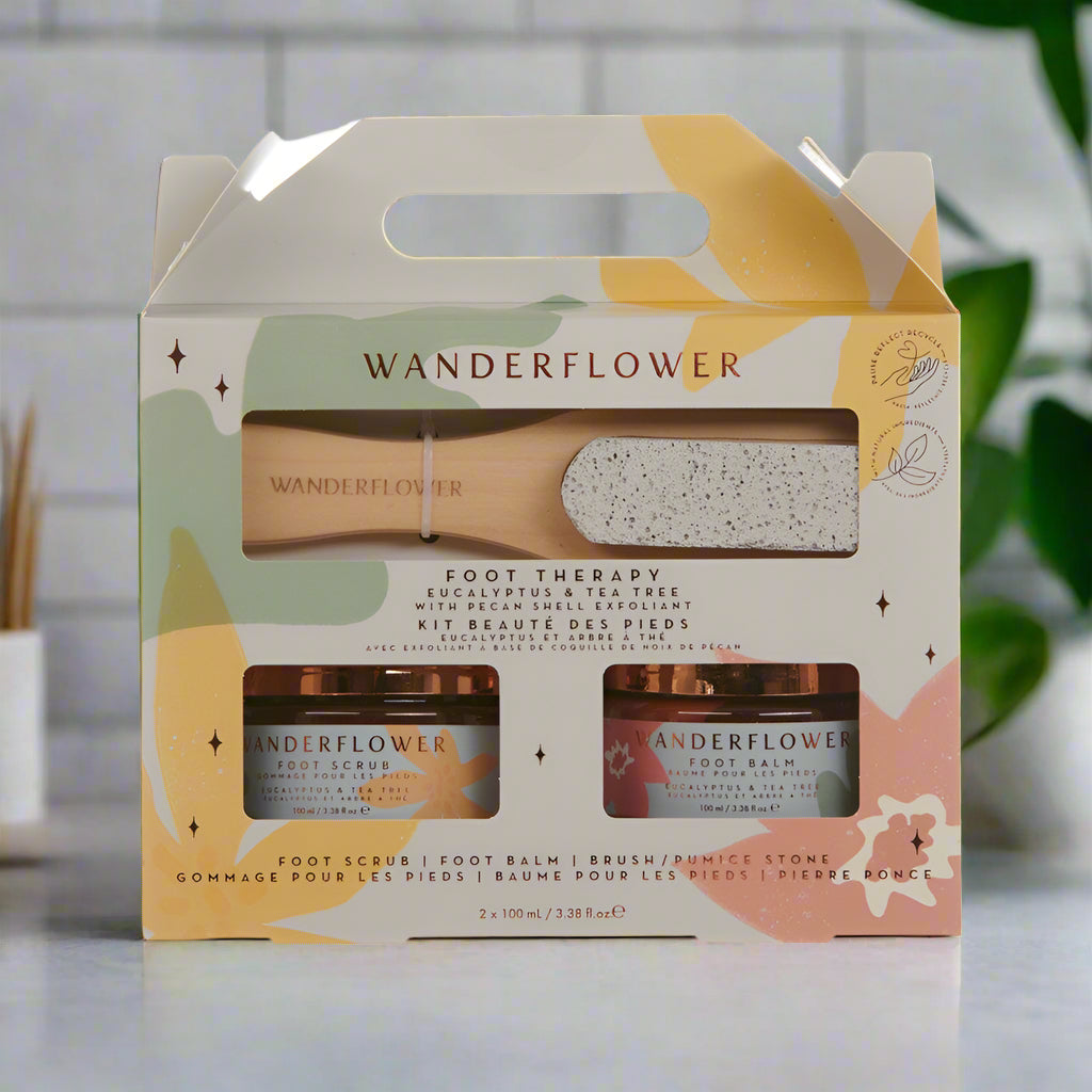 Wanderflower foot care product set packaging on a white background