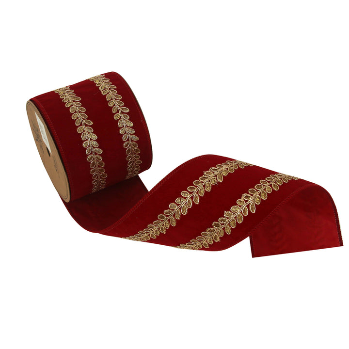 10m Red & Gold Leaf Wired Edged 10cm Ribbon