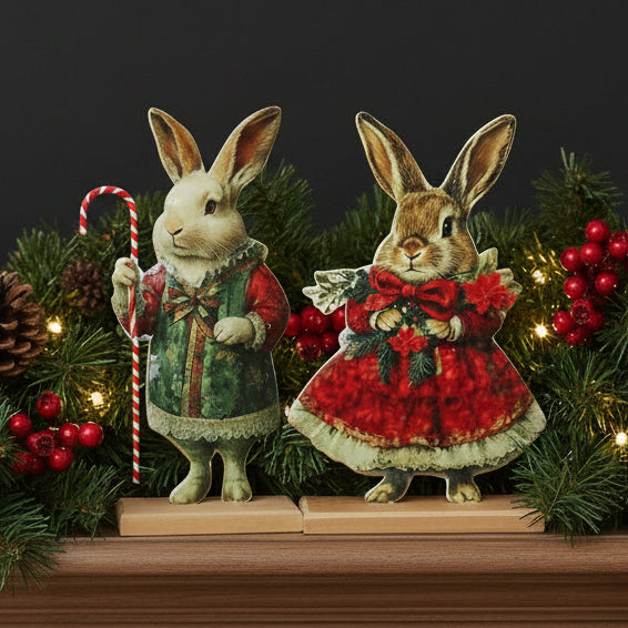 Two decorative rabbit figurines, one holding a candy cane and the other wearing a red dress with a bow, on wooden stands against a white background.