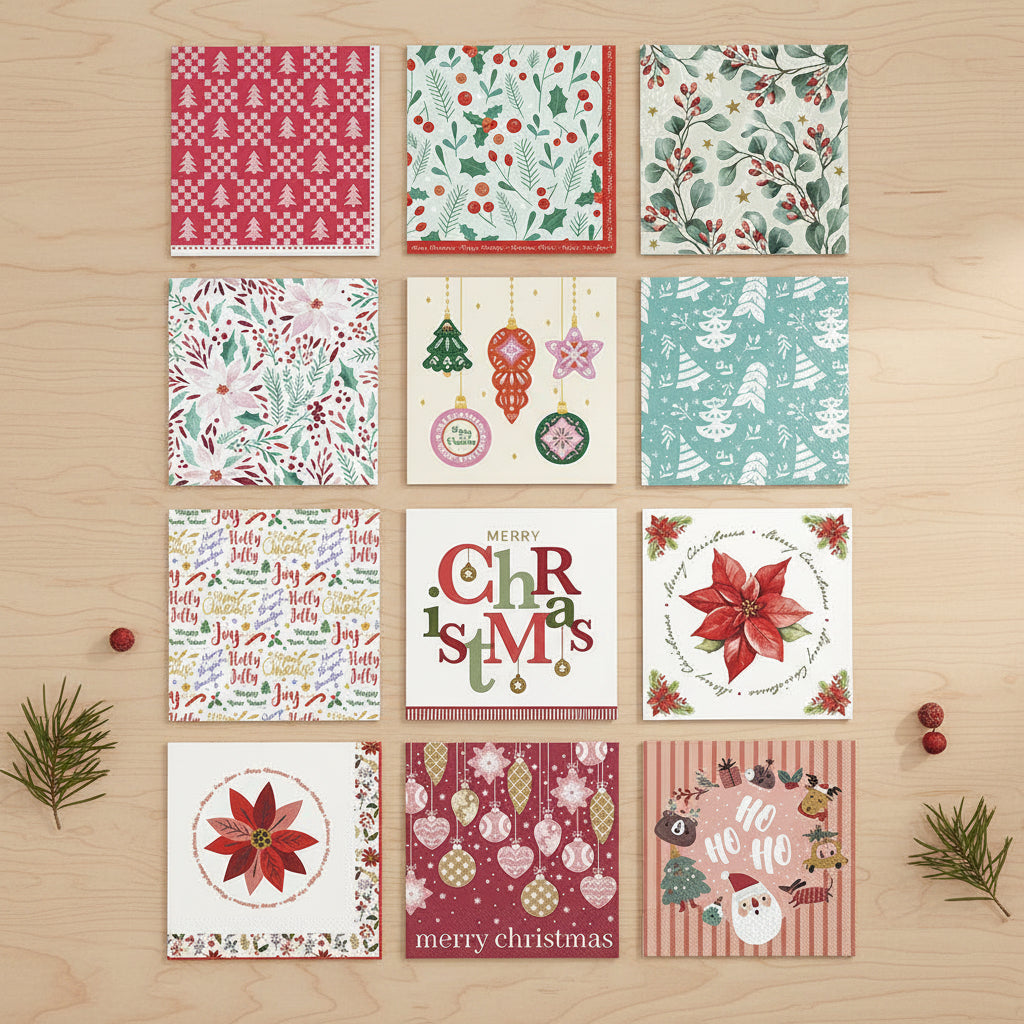 A 3x4 grid of 12 square Christmas-themed patterned cards or paper designs on a white background, featuring holiday motifs such as red poinsettias, ornaments, trees, snowflakes, and festive text like 'Merry Christmas' and 'Ho Ho Ho'.