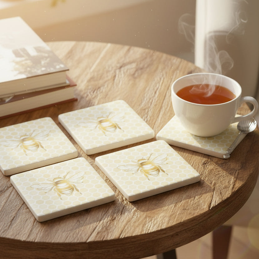 Four square coasters arranged in a 2x2 grid, each featuring a gold bee design over a pale yellow honeycomb pattern on a white background.
