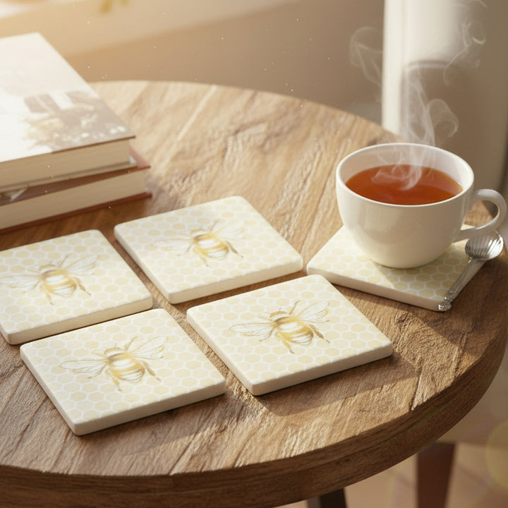 Four square coasters arranged in a 2x2 grid, each featuring a gold bee design over a pale yellow honeycomb pattern on a white background.