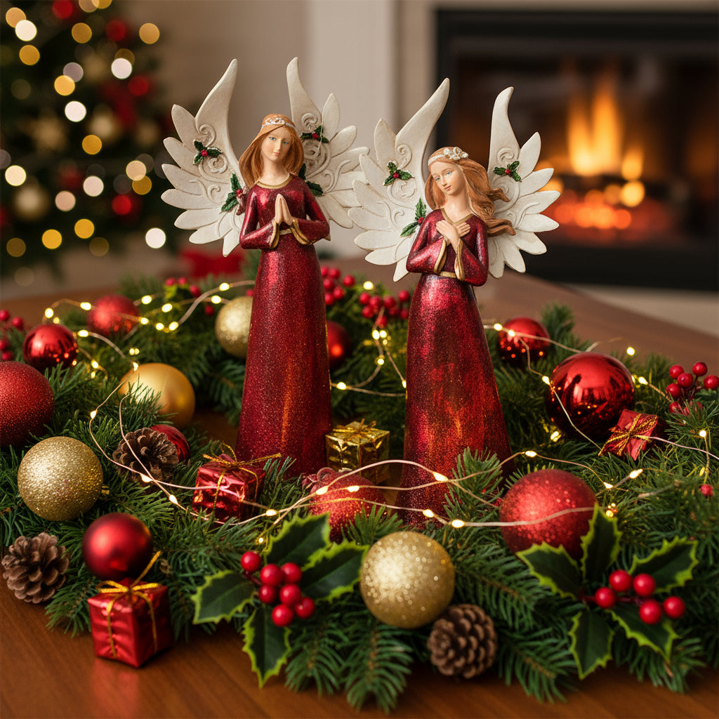 Two christmas decorations, angel figurines with red dresses and white wings on a white background