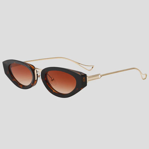 Sunglasses with black frames and brown lenses on a light gray background