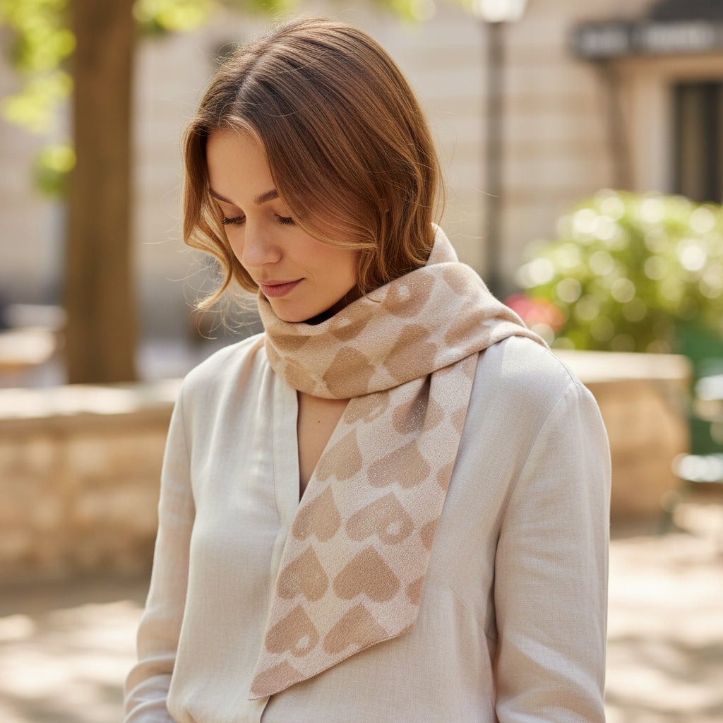 Beige scarf with heart pattern on a white background